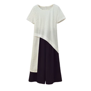 

Large Plus Size 5XL Pant Suit Women Summer Smart Casual T Shirt Top And Wide Leg Pant Two Piece Elegant Stripe BlackMatching Set