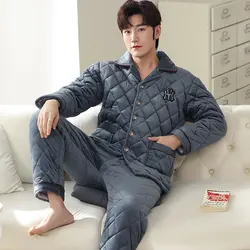 Sleeping Suit for Men Button Up Pajama Set Turn Down Collar Plus Size Pajamas Flannel Thicken Winter Warm Sleepwear Homewear