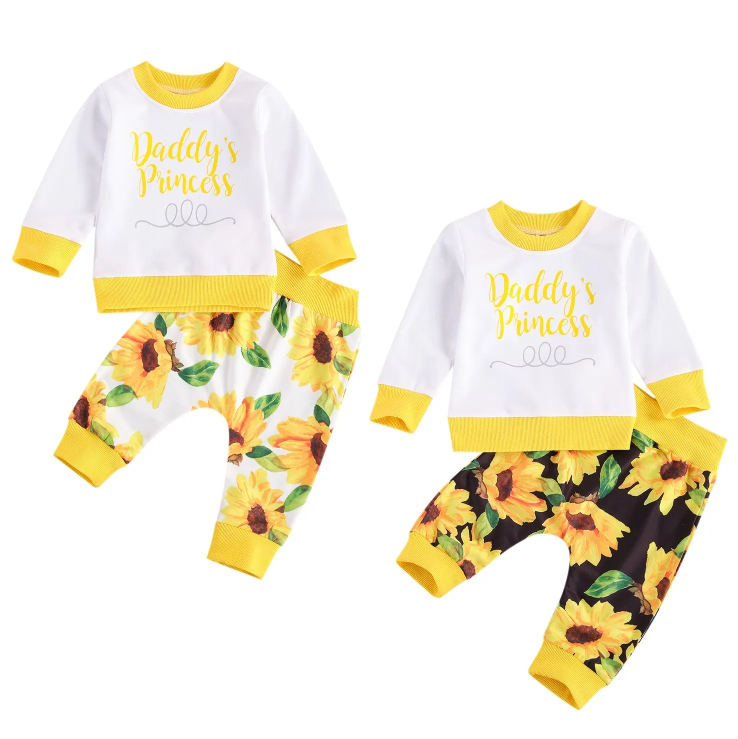 

2020 New Fall Autumn 0-3Y Toddler Baby Girl 2Pcs Set DADDY'S PRINCESS Letter Print Casual Long Sleeve Top+Sunflower Pants Outfit