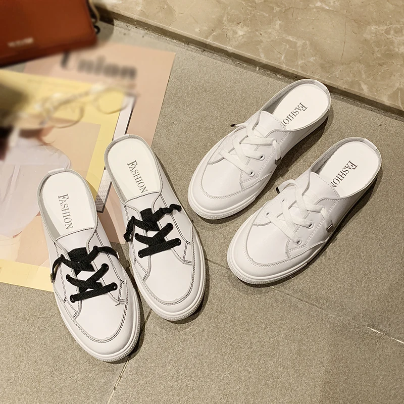 Zapatos planos blancos para mujer, estilo coreano moda Casual medio zapatos, cordones Mules