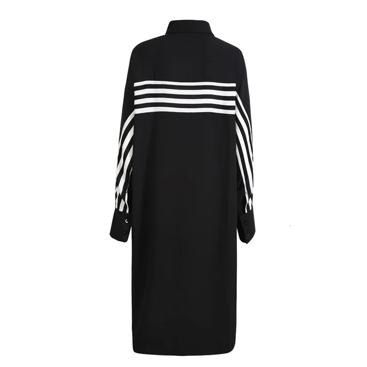 [EAM] женское черное Полосатое платье-рубашка большого размера с разрезом сзади, новинка, с отворотом, с длинным рукавом, свободный крой, модная одежда, весна-осень, 1B899 - Цвет: black