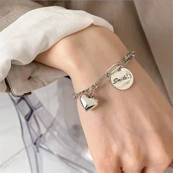 

POFUNUO 925 Silver Unisex Fashion Distressed Smile Tag Heart Charm Bracelets Men Women Handmade Weaving Chain Bracelets&Bangles