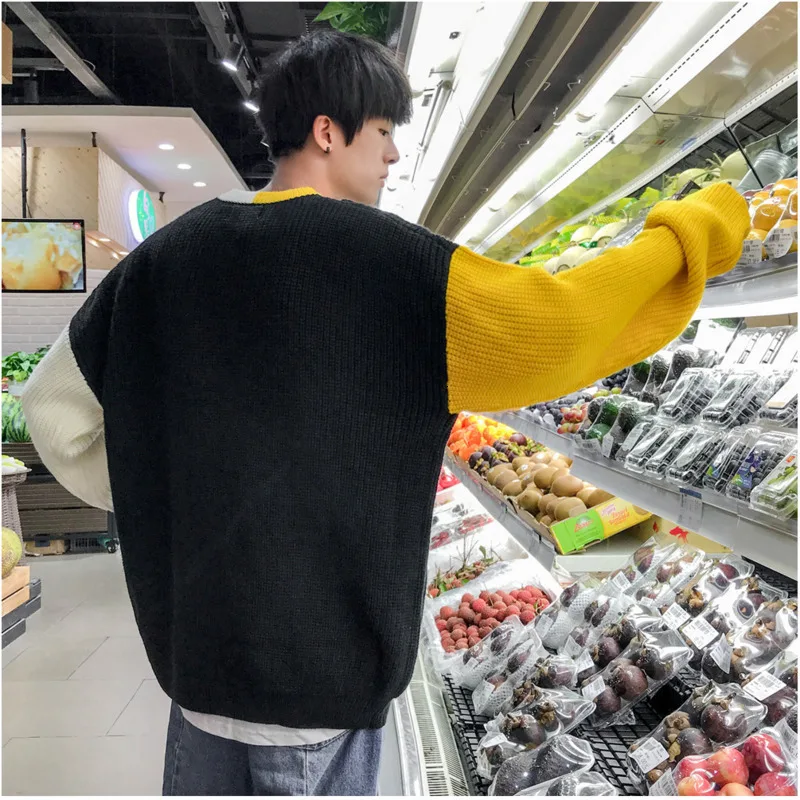 Winter Sweater Men Warm Fashion Contrast Color Casual Knit Sweaters Man Male Sweter Clothes Wild Loose Long-sleeved Pullover Men