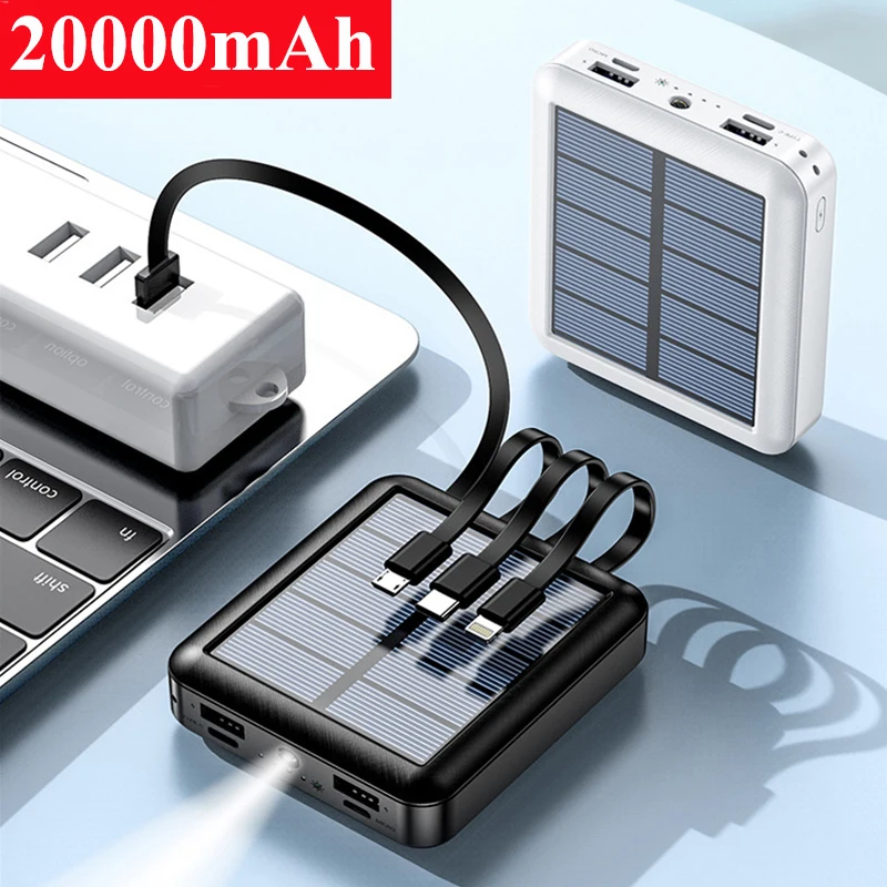 20000mAh Mini Solar Power Bank Portable Fast Charger Built in 4 Cables Powerbank External Battery Pack Poverbank for All Phones | Мобильные