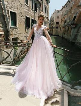 

2020 Vintage Pink A-line Wedding Dresses Tulle White Lace свадебное платье Long Sleeves Zip Back vestido de novia V-Neck Backles