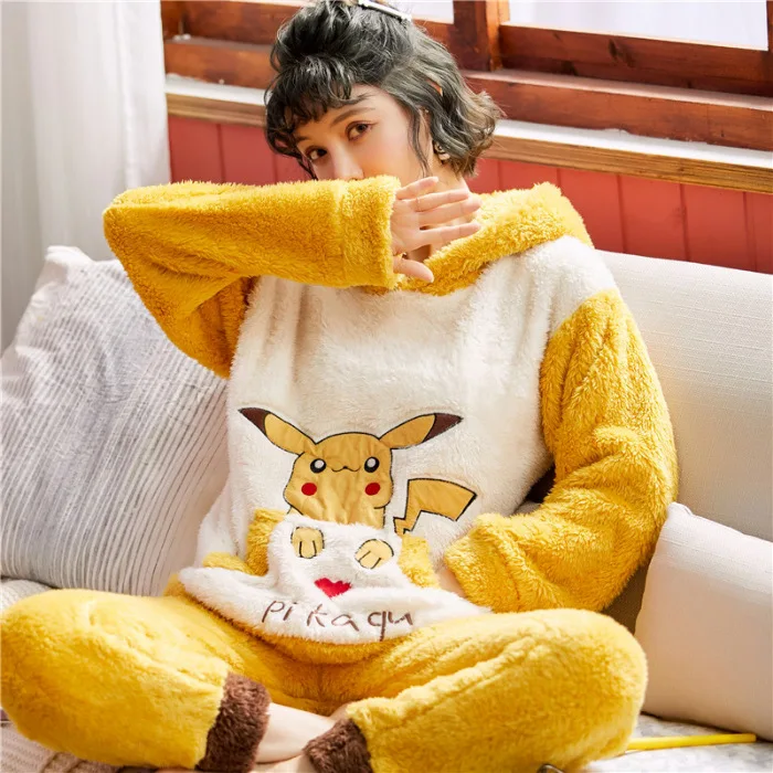 

Winter Thick Long Velvet Pajamas Women's Korean-style Cartoon Hooded Coral Velvet Homewear Set Warm Two-Piece Set