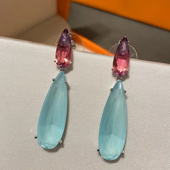 

Two big zircon red and blue color matching earrings light blue ice texture drop earrings for women wedding and party gift