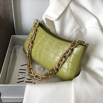 

Women Armpit Bag Stone Pattern PU Leather Shoulder Bag Solid Color Metal Chain Handbags Female Travel Fashion Tote Bags