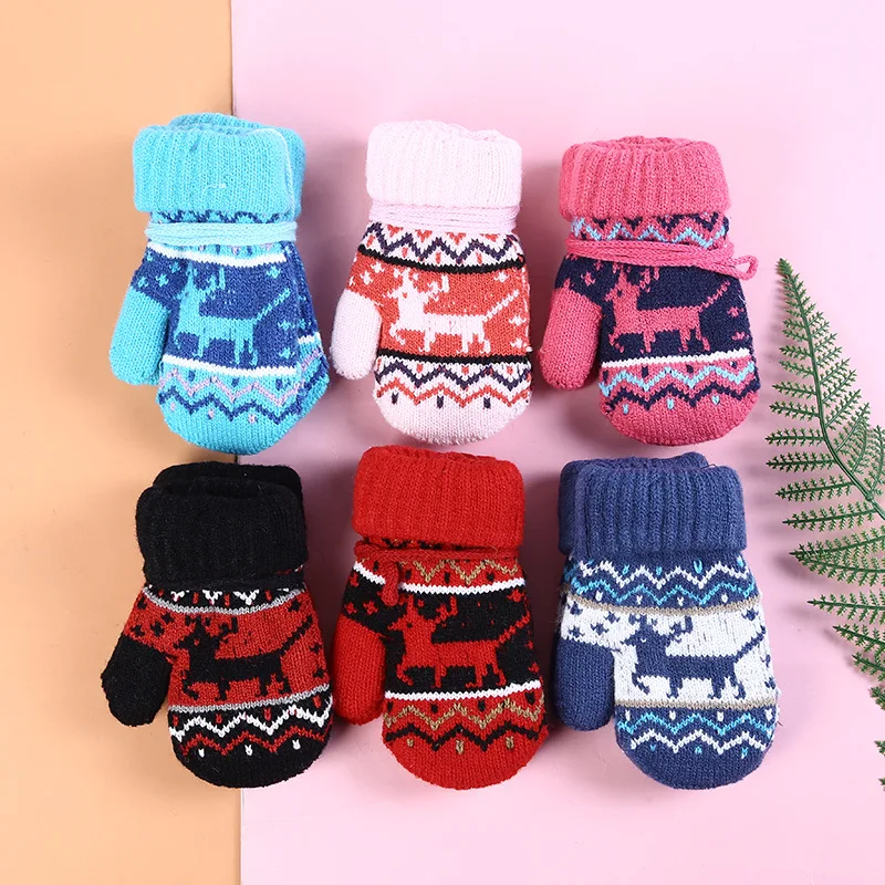

Winter Thick Warm Christmas Mittens for Children Kids Mittens Knitted Wool Gloves Toddler Rope 3-8Y Boys Girl Children's Gloves