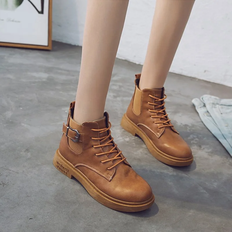 Женские ботильоны с круглым носком ботинки на шнуровке плоской подошве