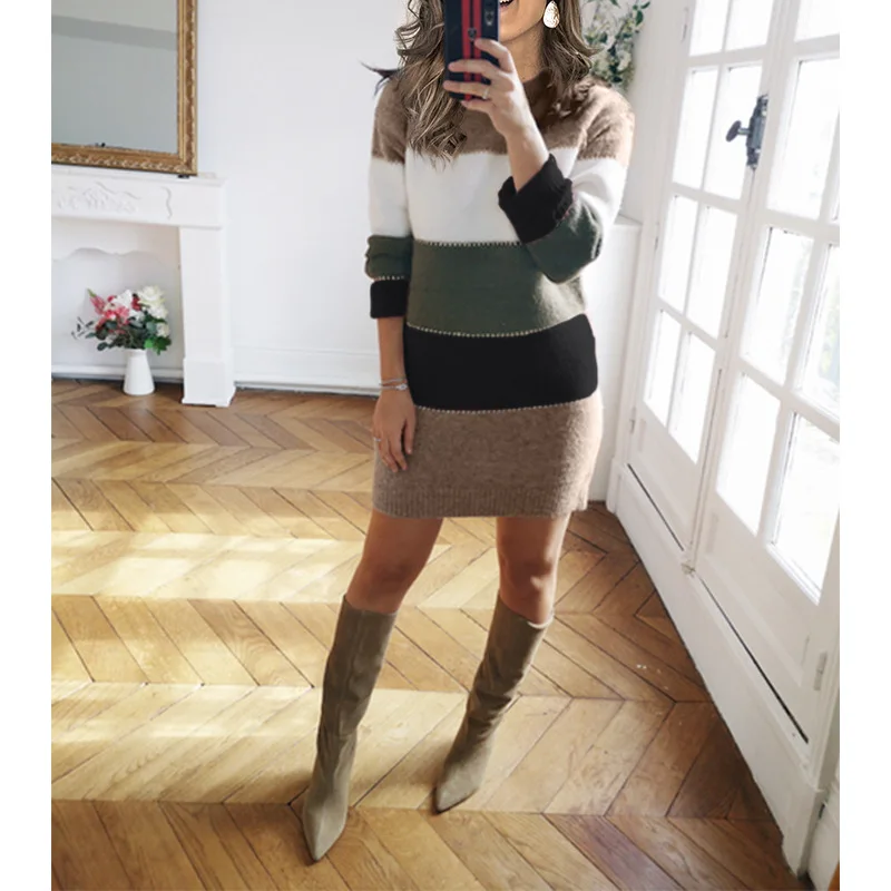 

Zoulv Winter Simple Stitching Knit Skirt Office Ladie Contrast O Neck Sweater Joker Warm and Comfortable Dress Vintage Clothes