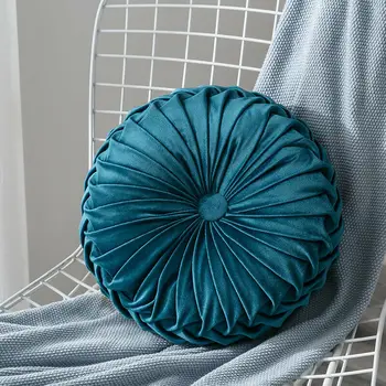 

Round Floor Luxury Velvet Pumpkin Pleated Cushion Pouf Cover Throw Pillow Home Sofa Mat(Navy blue)