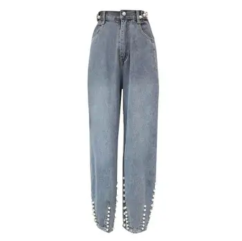 

New Spring autumn Korean fashion heavy work beaded jeans women high waist loose straight denim pants r575