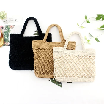 

New Hollow fishing net woven bag tide female portable holiday beach straw bag Vintage travel bag #35
