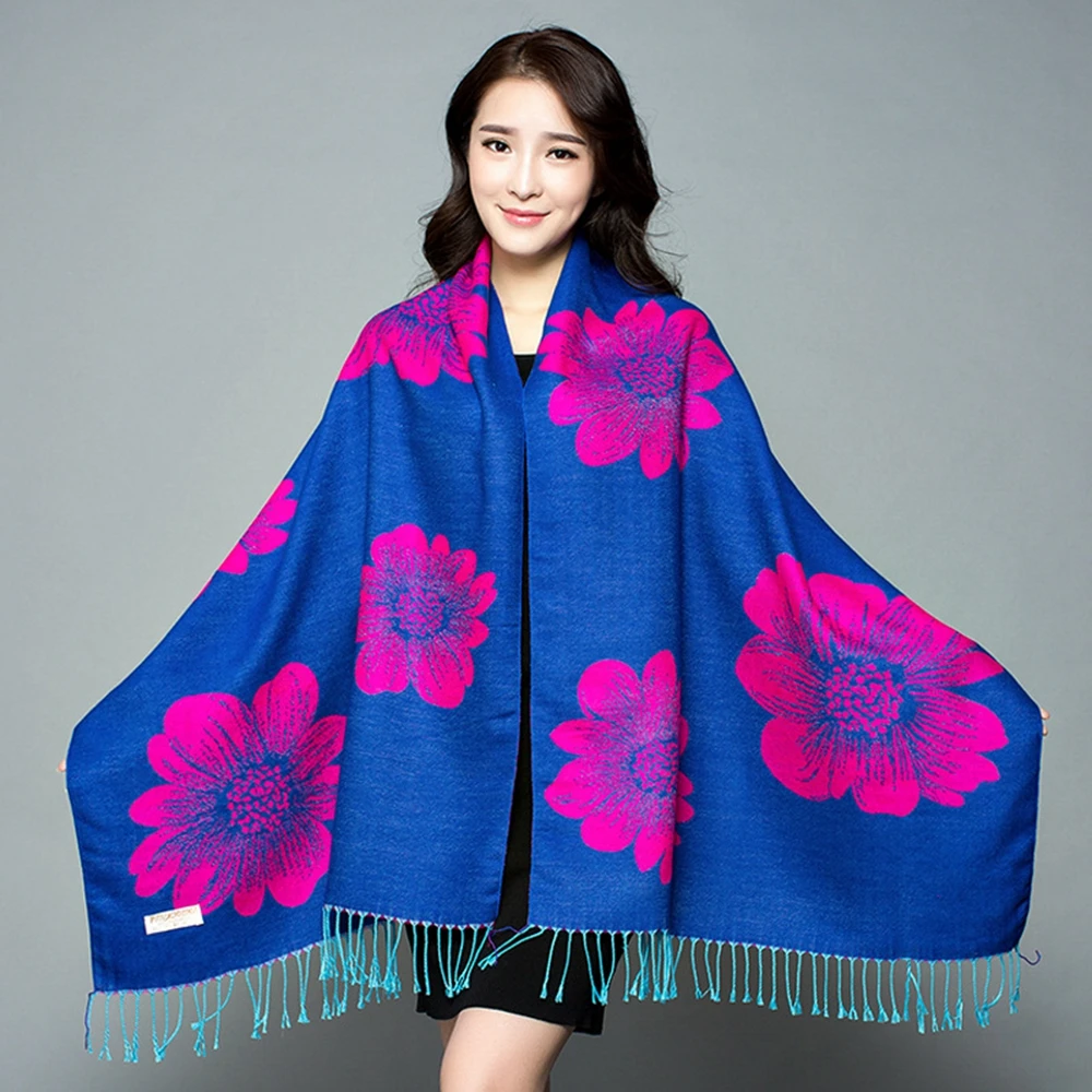 royal blue HanXi толстый женский шарф искусственный кашемир одеяла с кисточками шаль жаккард Феникс платок зимний пашмины 190*65 см - Цвет: royal blue
