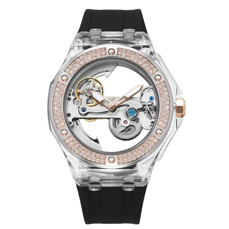 

2020 New Automatic Mechanical Watch Men Watches Hollow Waterproof Mechanical Watch Man Silicone Strap Rhinestone Clock male hot