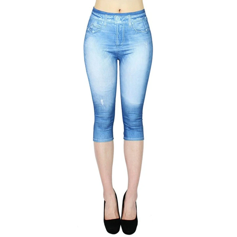 Faux Jeans Leggings Woman Stretch Printed Short Leggins 4\3 Pants Summer Breeches High Waist Perfect Fit Jeans Jeggings