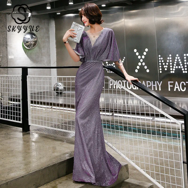 

Skyyue Evening Dress Purple Elegant Long Women Party Dresses K199 Mermaid Robe De Soiree O-Neck Half Sleeve Lace Up Formal Gowns