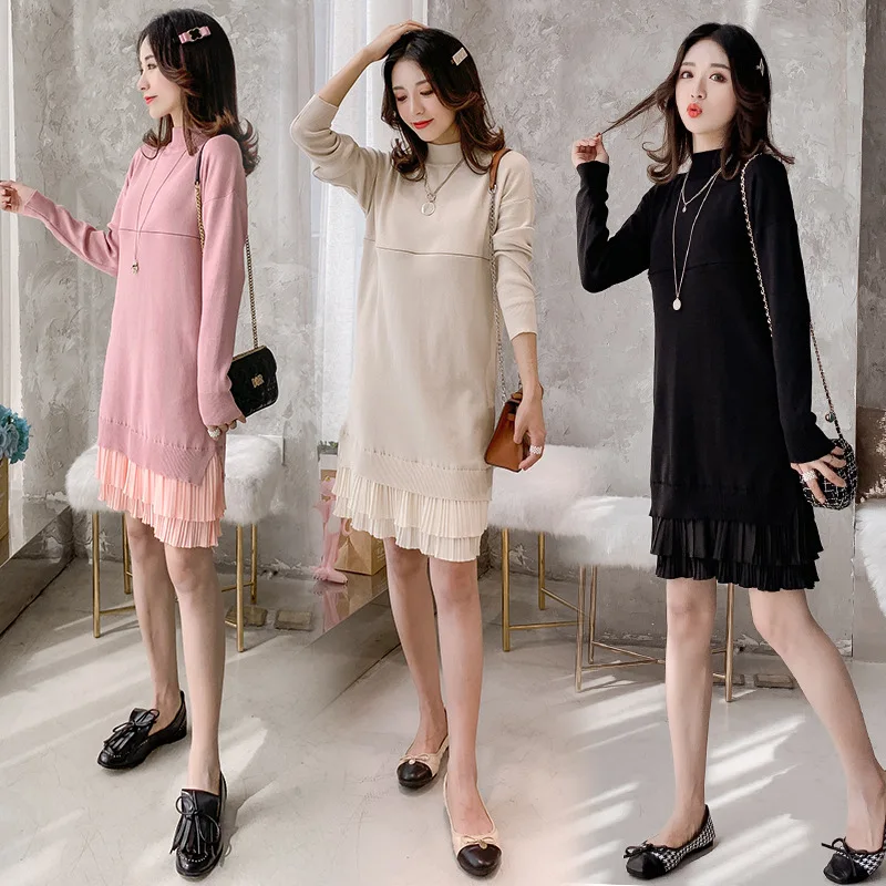 

Autumn Winter Maternity Knitted Sweater Dress Patchwork Nursing Chiffon Dress Long Sleeve Breastfeeding Pregnant Women Vestidos