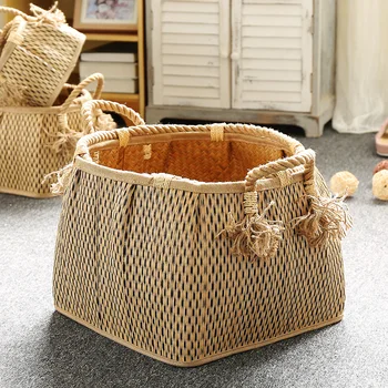 

Straw woven drum-shaped laundry basket with hemp rope handle toy storage basket