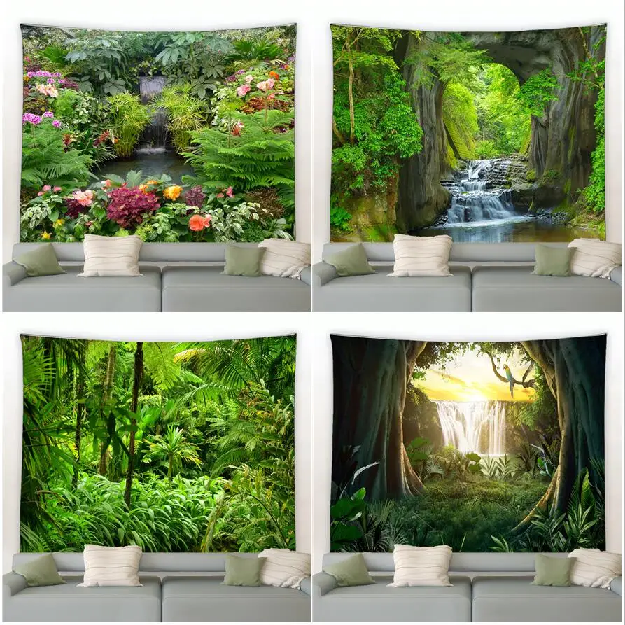 

Forest Landscape Waterfall Tapestry Plant Flower Tropical Rainforest Nature Scenery Garden Living Room Bedroom Wall Hanging Deco