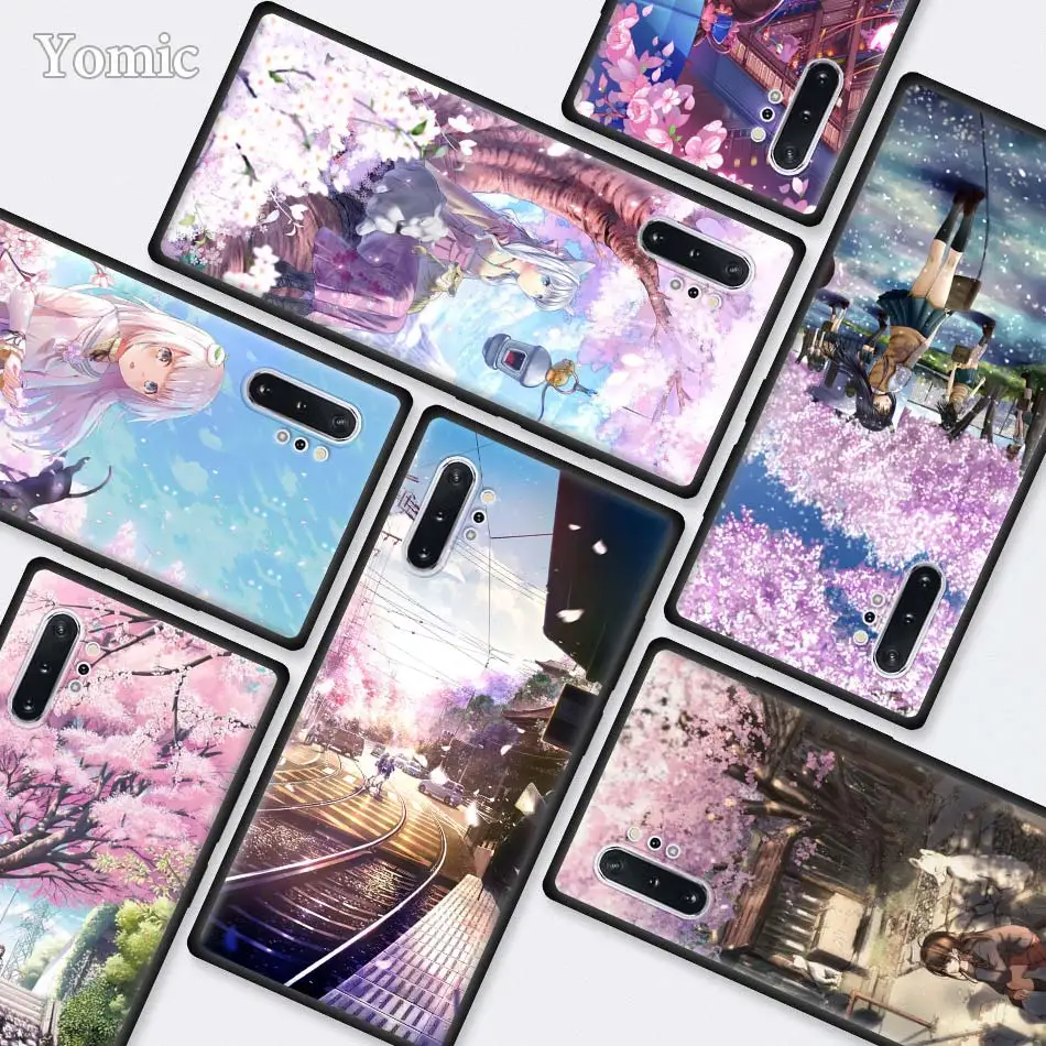 

Japanese anime Plum Cherry blossom girl Black Cases for Samsung Galaxy Note 10 5G 9 8 M40 M30 M20 S10 Plus A50 A70 Silicone Phon