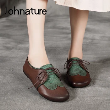 

Johnature Autumn Flats Women Shoes 2020 New Genuine Leather Mixed Colors Lace-up Shallow Round Toe Casual Handmade Ladies Shoes