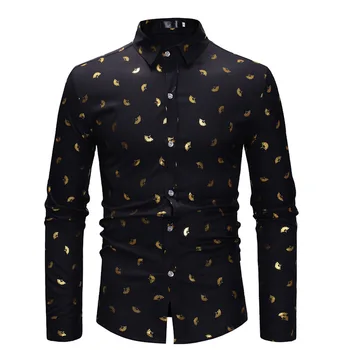 

Stylish Gold Fan Print White Men Shirt Slim Fit Long Sleeve Mens Dress Shirts Casual Button Down Party Prom Male Social Shirt