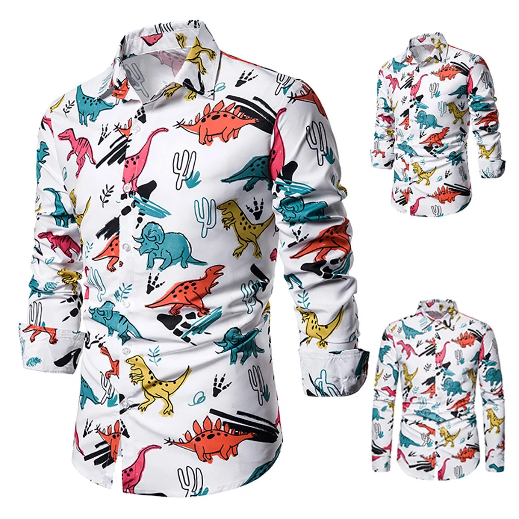 Dihope Casual Cartoon Dinosaur Printed Shirts Men Tops Long Sleeve Turn-down Collar Harajuku Shirt Autumn Camisas Masculina | Мужская