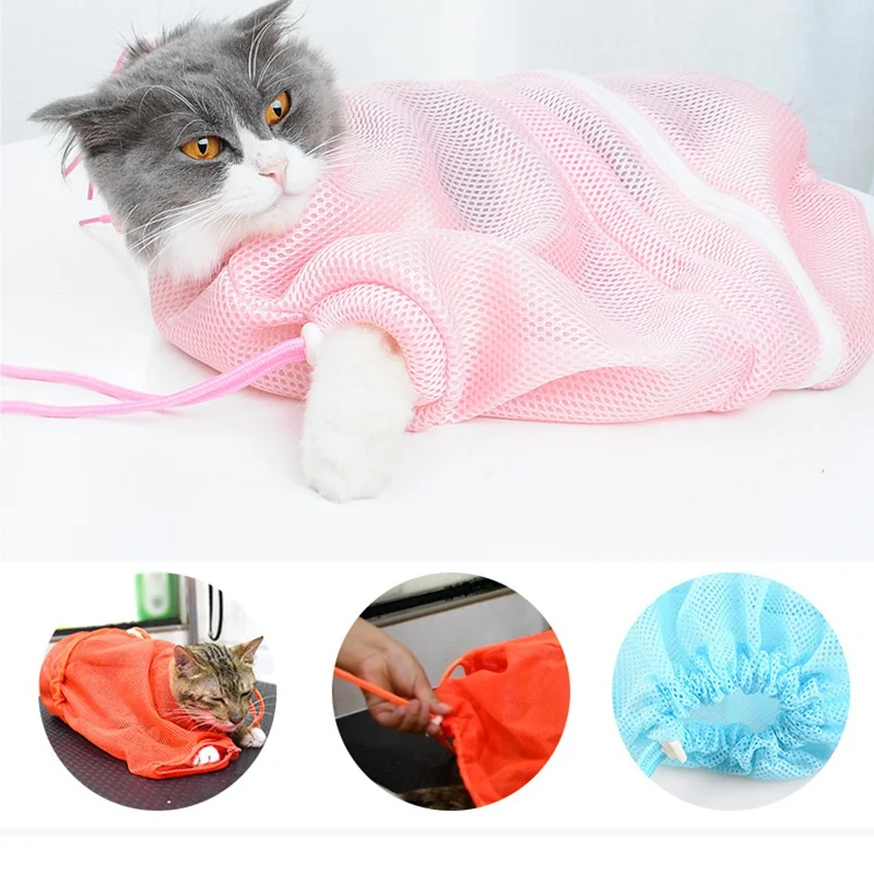Pet Soft Cat Grooming Bag Adjustable Polyester Cat Washing Bathing Shower Mesh Bags Pet Nail Trimming Bags Pet Outgoing Carrier