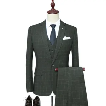 

Spring and Autumn mens Plaid Suit 3-piece set (Jacket + Pants + Vest ) large size S-5XL Business Casual mens suits