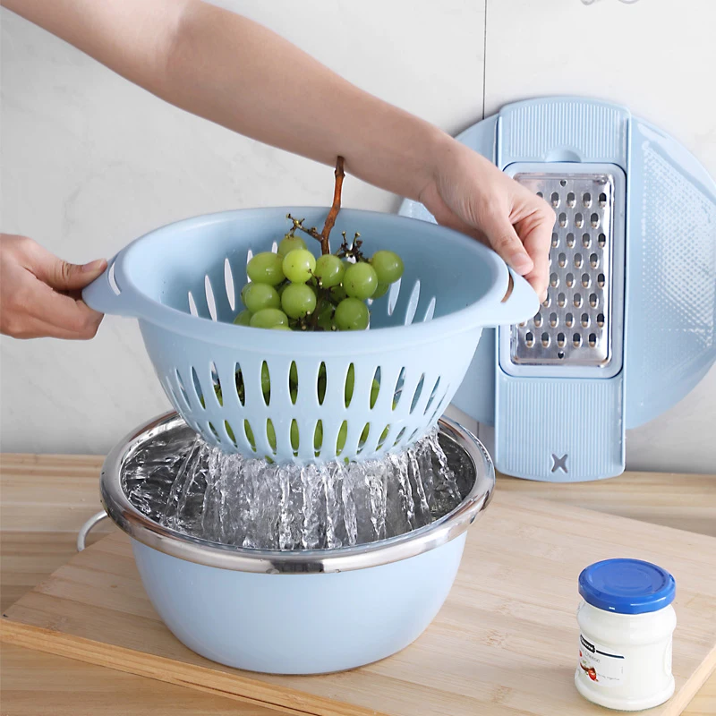 1Pc Stainless Steel Kitchen Multifunctional Chopper Manual Fast Wire Cutter Double Layered Drain Basin And Basket Kitchen Tools