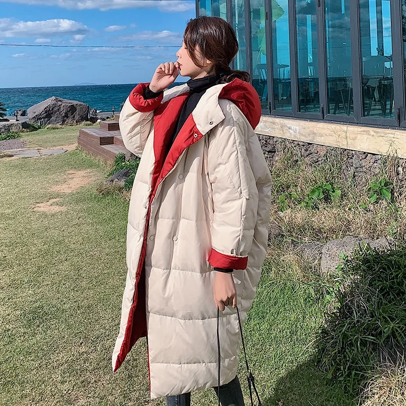 

Photo Shoot CHIC Little Red Riding Hood Two Sides Wears down Coat Thick Off-white Mid-length Hooded Double Breasted Cotton-padde