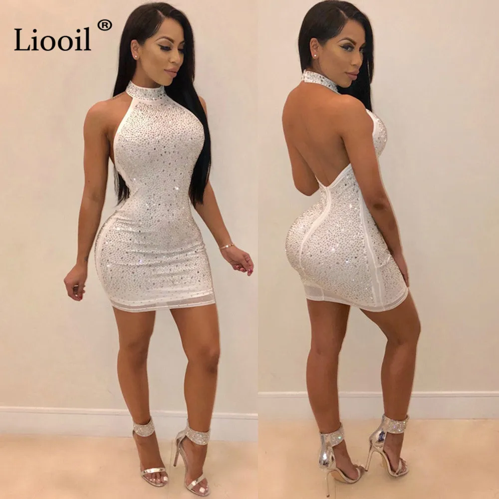 Liooil плюс размер горный хрусталь сексуальная сетка Холтер Bodycon мини платье для женщин без рукавов с открытой спиной с высокой талией ночной клуб платья для вечеринок