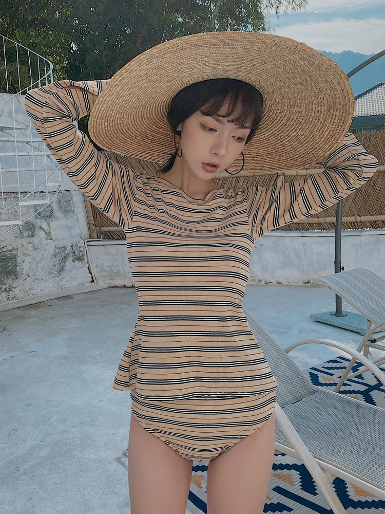 

Bathing Suit Women's Belly Covering Slimming Fairy Style Long Sleeve Split Type Students Conservative Boxers Three-piece Set Sou