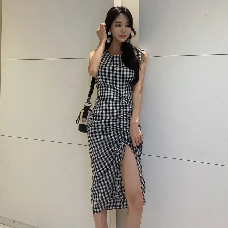 

2020 Korean-style Spring And Summer New Style Thousands of Birds Sleeveless Crew Neck Drawstring Dress WOMEN'S Bag Hip Midi-skir