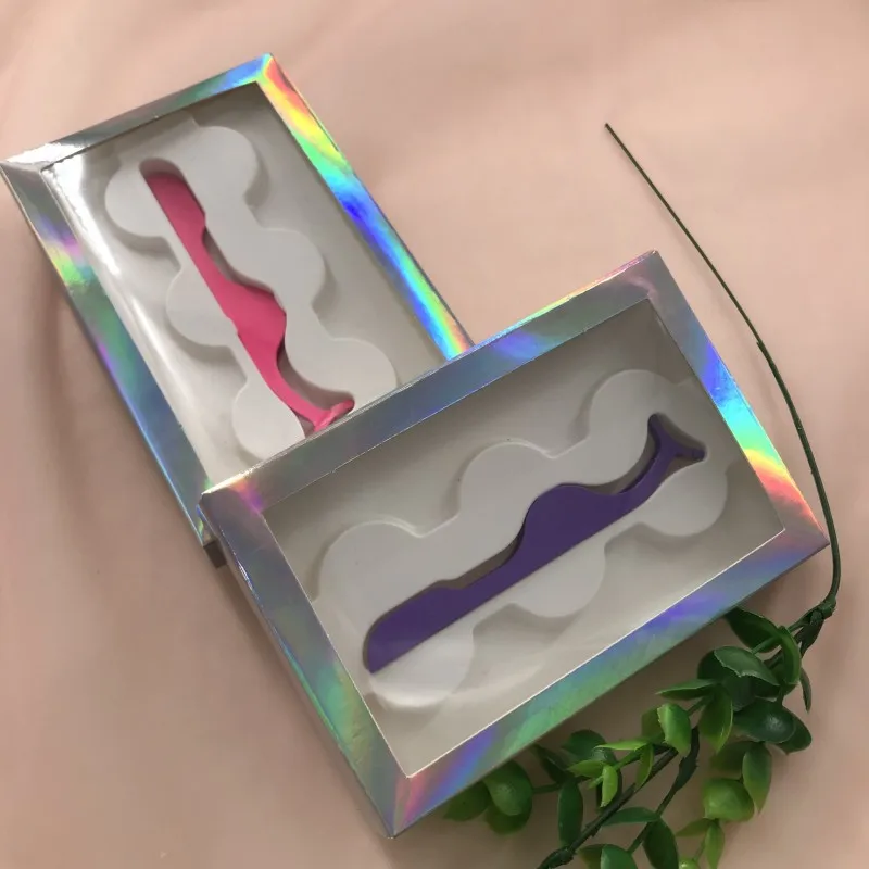 

Empty 3 pairs lashes box with tray holographic box with stainless steel tweezers holographic packing