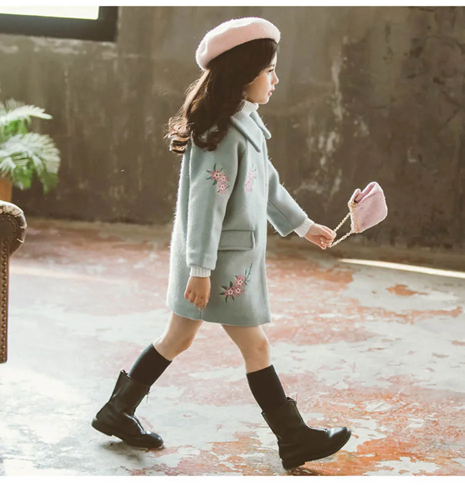 Детская куртка; повседневное шерстяное пальто для девочек; детская верхняя одежда с цветочной вышивкой; модная Осенняя Зимняя школьная одежда для девочек