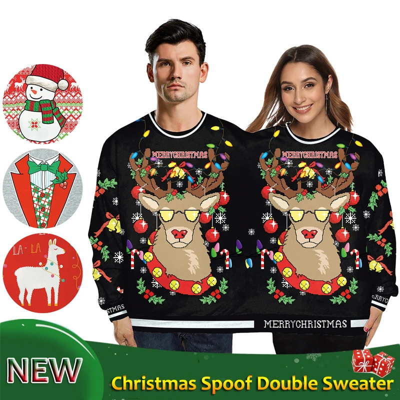 Рождественские костюмы, Хит, праздничный наряд, цифровая печать, для мужчин и женщин, пары, соединенный круглый вырез, двойная одежда, свитер, VDB1171