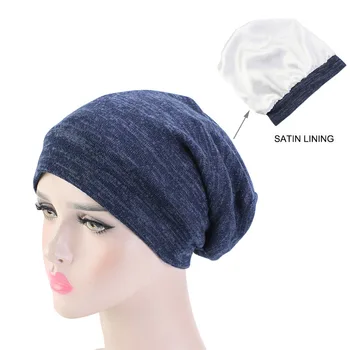 

Hot Selling Men's And Women's Pullover Hats Two-Color Lined Turban Satin Night Sleep Cap Universal Knitted Cancer Chemo Bonnet