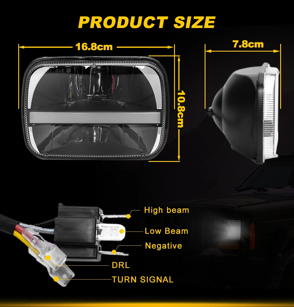 Black 5x7" 7X6" Inch Square Led Headlight Retangular High/Low Beam Daytime Runni