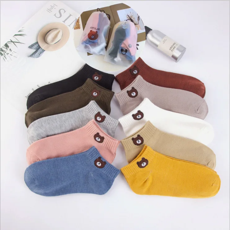 Новые товары, женские носки с медведем, однотонные Дышащие Короткие носки, впитывающие влагу носки