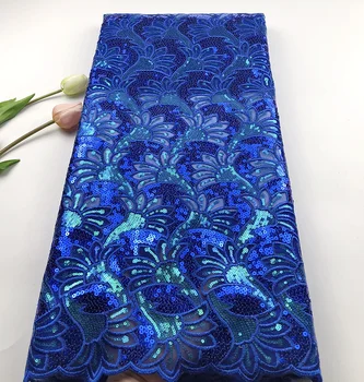 

African Net Sequins Lace Fabric 2019 High Quality Royal blue Lace French Tulle Lace Nigerian Voile Lace Fabrics For Wedding