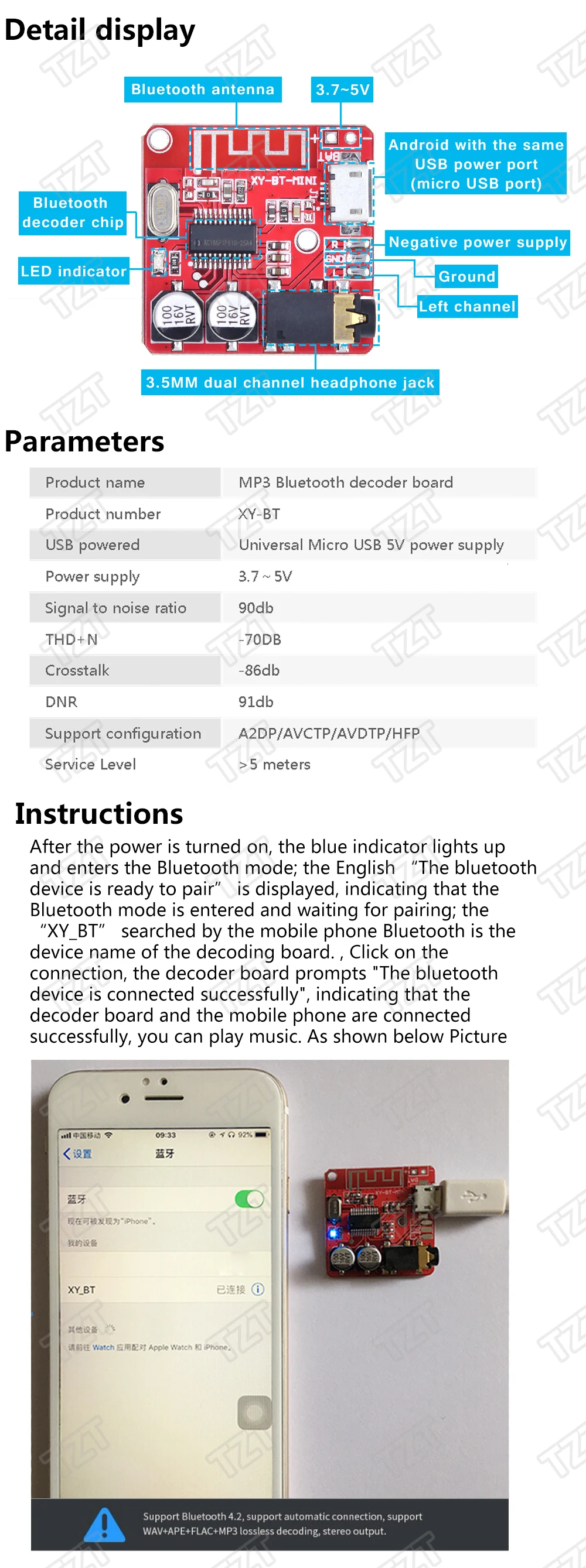 Bluetooth аудио приемник плата Bluetooth 4,1 mp3 декодер не допускающий потерь беспроводной стерео музыкальный модуль 3,7-5 в для Arduino DIY KIT