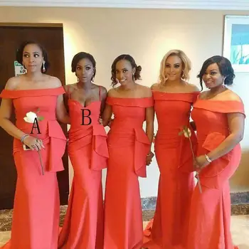 

African Coral Mermaid Bridesmaid Dresses Long Boat Neck Satin Pleat Bridesmaids Gowns Floor Length Custom Wedding Guest Dress