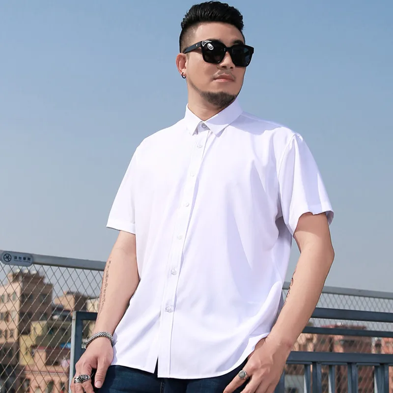 10XL 8XL 7XL Summer Men's Solid Color Short sleeved Shirt Plus Size Loose Elasticity Casual Black White Business Work Shirts