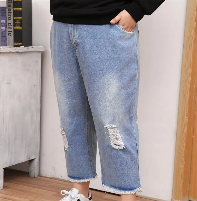 2XL-6XL женские джинсовые брюки оверсайз женские потертые джинсовые брюки длиной до щиколотки размера плюс прямые брюки обтягивающие брюки