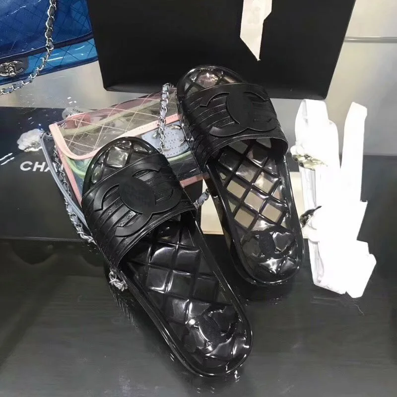 

Women Transparent Slippers Black 19p Glossy Transparent Pool Mules Slides Summer PVC Sandals New Crystal Female Shoes mules tran