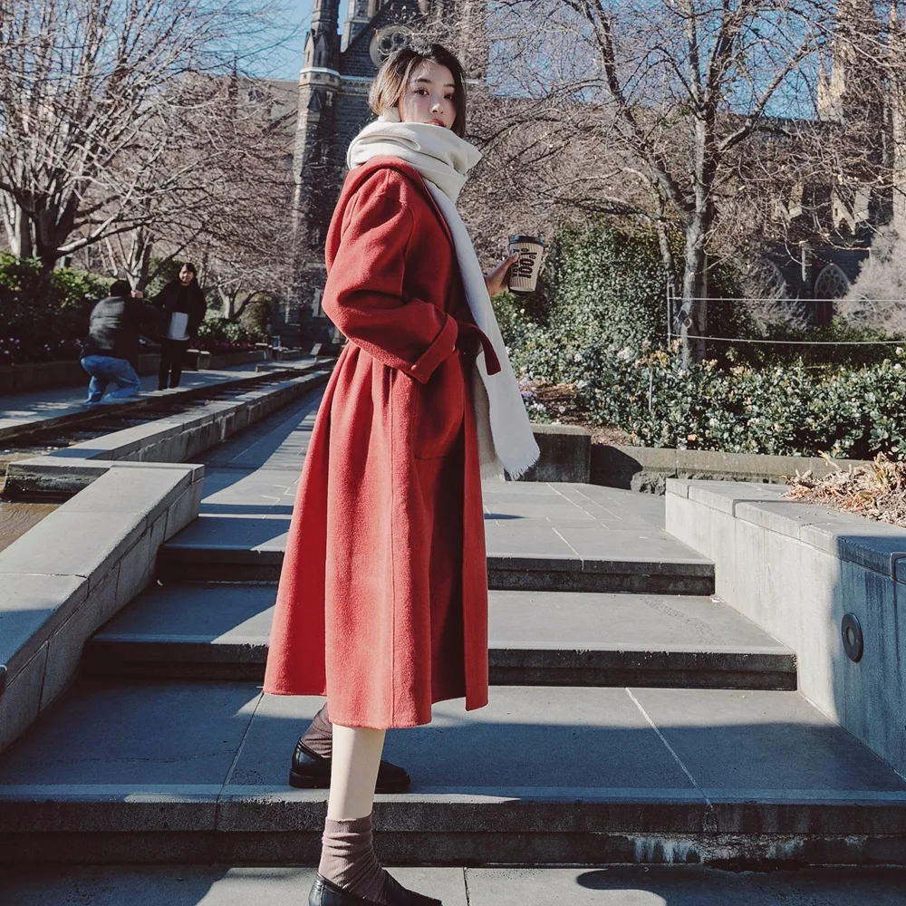 

Photo Shoot 2018 Winter New Style Retro England Laziness-Style Lace-up Waist Hugging Hooded Woolen Overcoat Woolen Jacket Women'