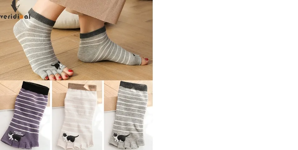 Spring Autumn Five Finger Socks Women Girl Cute Cat Printing Open Toes Striped Weave Boneless Ankle No Show Socks EU 35-39 ankle socks women